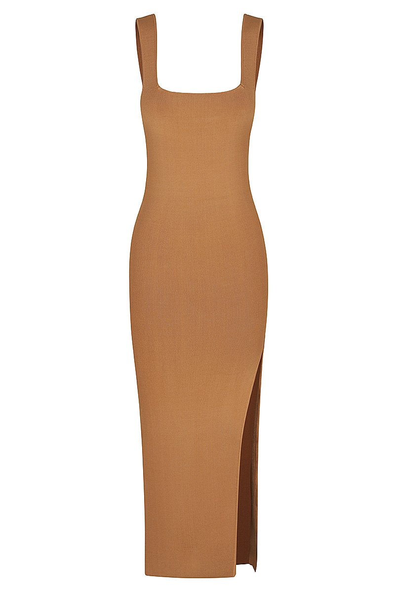 Basic Square Neck Midi Dress | Tan ...